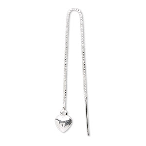 Ear thread, sterling silver, 3-1/2 inch box chain with 7x6mm puffed heart. Sold per pair.
