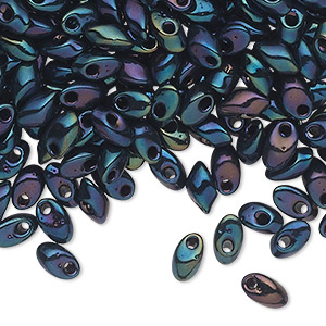 Seed bead, Miyuki, glass, opaque metallic rainbow peacock, (LMA452), 7x4mm long magatama. Sold per 250-gram pkg.