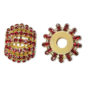 Bead, glass rhinestone and gold-finished brass, ruby red, 25x20mm barrel with 3mm chatons, 6.5mm hole. Sold individually.