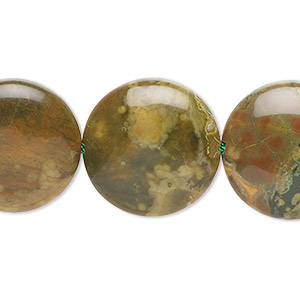 Bead, rhyolite (natural), light to dark, 20mm flat round, B grade, Mohs hardness 6-1/2 to 7. Sold per 15-1/2&quot; to 16&quot; strand.