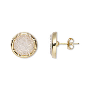 Earstud, druzy agate (coated) / electroplated gold / 24Kt gold-plated brass, pearl, 13mm round with post. Sold per pair.