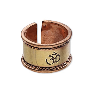 Ring, antiqued brass and copper, 15mm wide with rope design and Om symbol, adjustable from size 9-10. Sold individually.