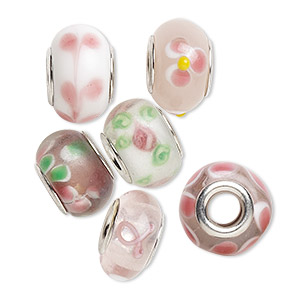 Bead, Dione&reg;, lampworked glass and imitation rhodium-plated brass grommets, transparent pink and opaque multicolored, 12x8mm-16x9mm rondelle with assorted designs. Sold per pkg of 6.