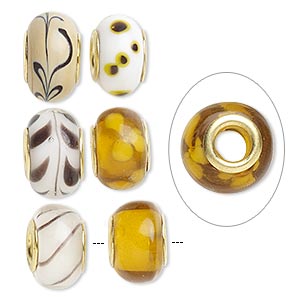 Bead, Dione&reg;, lampworked glass and gold-finished brass grommets, transparent brown and opaque multicolored, 12x8mm-16x9mm rondelle with assorted designs. Sold per pkg of 6.