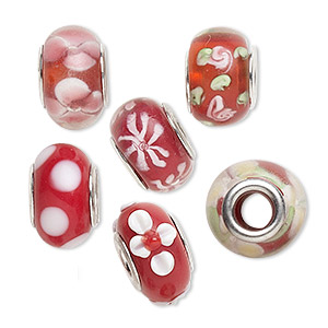 Bead, Dione&reg;, lampworked glass and imitation rhodium-plated brass grommets, transparent red and opaque multicolored, 12x8mm-16x9mm rondelle with assorted designs. Sold per pkg of 6.