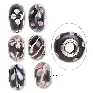 Bead, Dione&reg;, lampworked glass and imitation rhodium-plated brass grommets, transparent black and opaque multicolored, 12x8mm-16x9mm rondelle with assorted designs. Sold per pkg of 6.