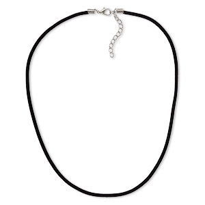 Necklace cord, velveteen with imitation rhodium-finished steel and &quot;pewter&quot; (zinc-based alloy), black, 3mm wide, 20 inches with 1-1/2 inch extender chain and lobster claw clasp. Sold per pkg of 3.