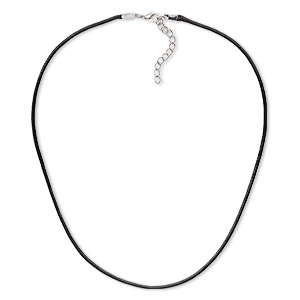 Necklace cord, imitation leather with imitation rhodium-finished steel and &quot;pewter&quot; (zinc-based alloy), black, 2mm wide, 16 inches with 1-1/2 inch extender chain and lobster claw clasp. Sold per pkg of 10.