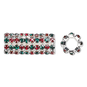Bead, glass rhinestone and silver-finished brass, ruby red and emerald green, 32x13mm cylinder with 3mm chatons, 7.5mm hole. Sold individually.