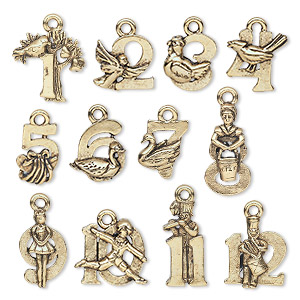 Charm, antique gold-plated pewter (tin-based alloy), assorted double-sided Twelve Days of Christmas theme. Sold per 12-piece set.