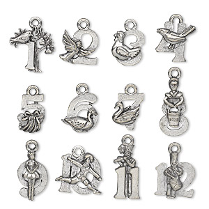 Charm, antiqued pewter (tin-based alloy), assorted double-sided Twelve Days of Christmas theme. Sold per 12-piece set.