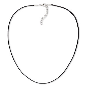 Necklace cord, waxed cotton cord with imitation rhodium-finished steel and &quot;pewter&quot; (zinc-based alloy), black, 1.5mm round, 18 inches with 1-1/2 inch extender chain and lobster claw clasp. Sold per pkg of 4.