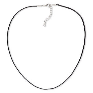 Necklace cord, waxed cotton cord with imitation rhodium-finished steel and &quot;pewter&quot; (zinc-based alloy), black, 1.5mm round, 24 inches with 1-1/2 inch extender chain and lobster claw clasp. Sold per pkg of 4.