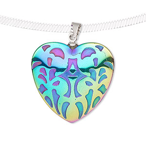 Pendant, electroplated Hemalyke&#153; (man-made) and silver-finished brass, rainbow, 25mm two-sided puffed heart with fancy design. Sold individually.