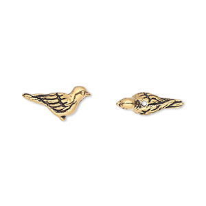 Bead, TierraCast&reg;, antique gold-plated pewter (tin-based alloy), 14.5x7mm 3D Paloma bird. Sold per pkg of 2.