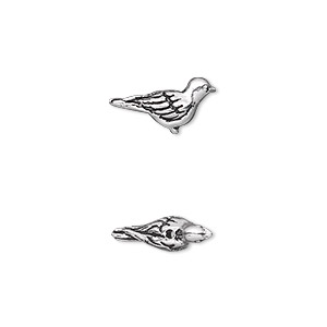 Bead, TierraCast&reg;, antique silver-plated pewter (tin-based alloy), 14.5x7mm 3D Paloma bird. Sold per pkg of 2.