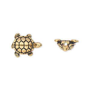 Bead, TierraCast&reg;, antique gold-plated pewter (tin-based alloy), 15x11.5mm 3D turtle. Sold per pkg of 2.