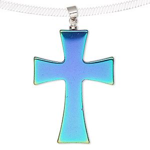 Pendant, electroplated Hemalyke&#153; (man-made) and silver-finished brass, rainbow, 38x27mm double-sided cross. Sold individually.