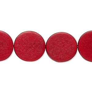 Bead, wood (dyed / waxed), cranberry red, 15mm flat round. Sold per 15-1/2&quot; to 16&quot; strand.