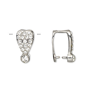 Bail, ice-pick, Egyptian glass rhinestone and imitation rhodium-plated brass, clear, 16x8mm heart, 10mm grip length. Sold per pkg of 6.