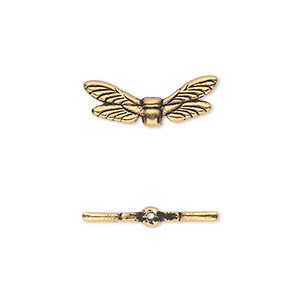 Bead, TierraCast&reg;, antique gold-plated pewter (tin-based alloy), 19.5x7mm double-sided dragonfly wings. Sold per pkg of 2.