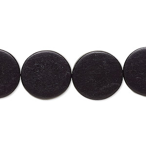 Bead, wood (dyed / waxed), black, 15mm flat round. Sold per 15-1/2&quot; to 16&quot; strand.