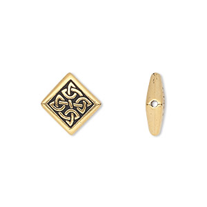 Bead, TierraCast&reg;, antique gold-plated pewter (tin-based alloy), 13mm double-sided diamond with Celtic knot. Sold per pkg of 2.