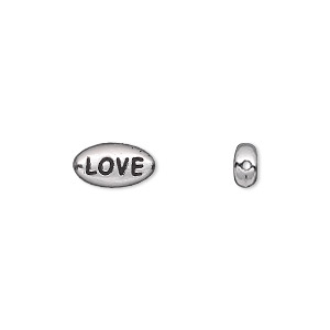 Bead, TierraCast&reg;, antique white bronze-plated pewter (tin-based alloy), 11x6mm side-drilled double-sided flat oval with &quot;LOVE.&quot; Sold per pkg of 2.