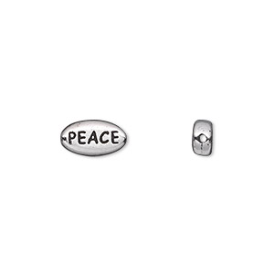 Bead, TierraCast&reg;, antique white bronze-plated pewter (tin-based alloy), 11x6mm side-drilled double-sided flat oval with &quot;PEACE.&quot; Sold per pkg of 2.