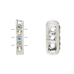 Spacer bar, Egyptian glass rhinestone and imitation rhodium-plated pewter (tin-based alloy), clear AB, 18x3mm 3-strand rectangle, fits up to 3.5mm bead. Sold per pkg of 12.