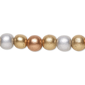 Bead, wood (coated / waxed), metallic gold / silver / copper, 7-8mm round. Sold per pkg of (2) 15-1/2&quot; to 16&quot; strands.