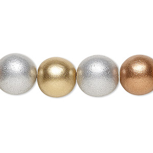 Bead, wood (coated / waxed), metallic gold / silver / copper, 11-12mm round. Sold per pkg of (2) 15-1/2&quot; to 16&quot; strands.
