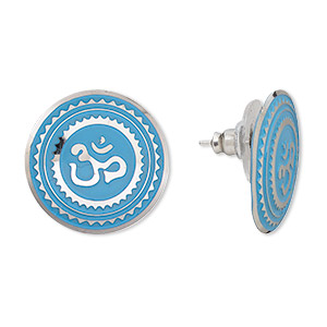 Earstud, stainless steel, blue patina, 20mm round with Om design. Sold per pair.