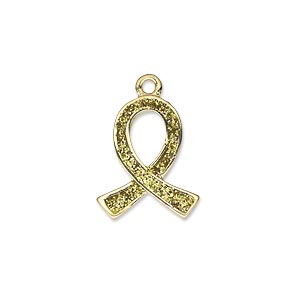 Charm, gold-finished &quot;pewter&quot; (zinc-based alloy) and enamel with gold-colored glitter, 18x15mm single-sided awareness ribbon. Sold individually.