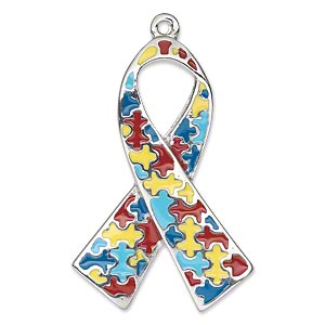 Focal, silver-plated &quot;pewter&quot; (zinc-based alloy) and enamel, multicolored, 37x25mm single-sided awareness ribbon with puzzle pieces. Sold individually.