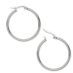 Earring, stainless steel, 34mm round hoop, 2mm wide with latch-back closure. Sold per pair.
