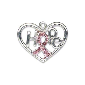 Charm, silver-plated &quot;pewter&quot; (zinc-based alloy) and enamel, pink glitter, 26x20mm open heart single-sided awareness ribbon with &quot;HOPE.&quot; Sold individually.
