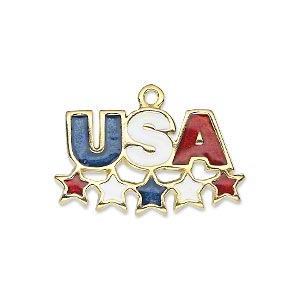 Charm, gold-finished &quot;pewter&quot; (zinc-based alloy) and enamel, red / white / blue, 28x16mm &quot;USA&quot; with stars. Sold individually.