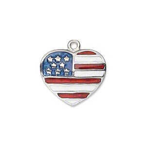 Charm, enamel and silver-plated &quot;pewter&quot; (zinc-based alloy), red / white / blue, 20x17mm single-sided heart with USA flag design. Sold individually.