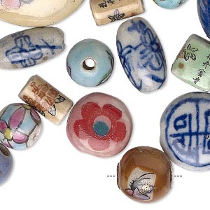 Bead mix, porcelain, mixed colors, 7mm-51x42mm hand-painted mixed shapes with decal. Sold per 1/4 pound pkg, approximately 25-70 beads.