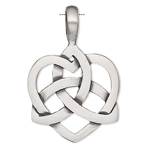 Pendant, Powerful Pewter Pendants, antiqued pewter (tin-based alloy), 45x30mm single-sided heart with Celtic knot design and 6mm hole. Sold individually.