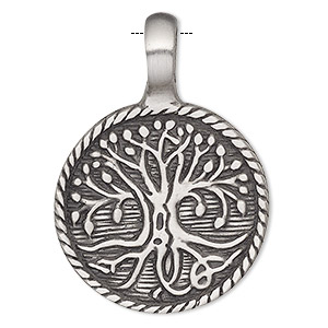 Pendant, Powerful Pewter Pendants, antiqued pewter (tin-based alloy), 41x29mm single-sided round with tree of life design and 6mm hole. Sold individually.