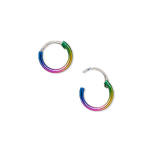 Earring, sterling silver, color-coated rainbow, 10mm round with endless-loop closure. Sold per pair.