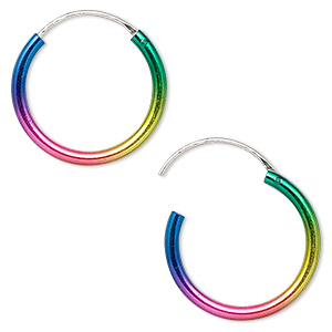 Earring, sterling silver, color-coated rainbow, 20mm round with endless-loop closure. Sold per pair.