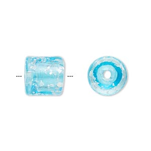 Cord end, glass, transparent blue with silver-colored foil, 11x11mm with confetti pattern, 5mm inside diameter. Sold per pkg of 2.