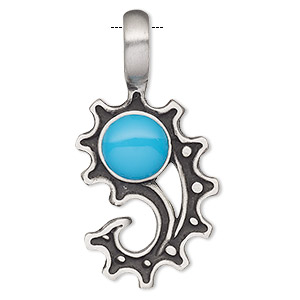 Pendant, Powerful Pewter Pendants, &quot;turquoise&quot; (resin) (imitation) and antiqued pewter (tin-based alloy), blue, 42x21mm single-sided paisly-shaped gear with 6mm hole. Sold individually.