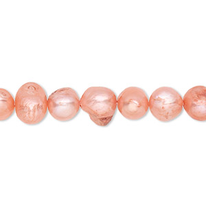 Pearl, cultured freshwater (dyed), dark salmon, 6-8mm flat-sided potato, D grade, Mohs hardness 2-1/2 to 4. Sold per 16-inch strand.