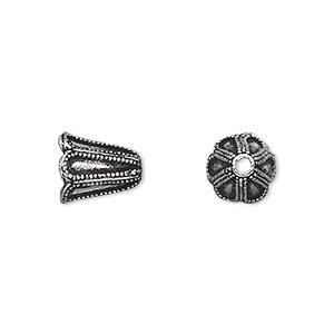 Cone, antique silver-plated brass, 11x9mm beaded flower, fits 8-10mm bead. Sold per pkg of 4.