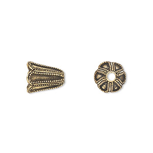 Cone, antique gold-finished brass, 11x9mm beaded flower, fits 8-10mm bead. Sold per pkg of 4.