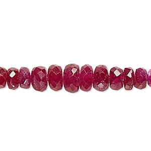 Bead, ruby (heated), 2x1mm-4x2mm graduated hand-cut faceted rondelle, B grade, Mohs hardness 9. Sold per 8-inch strand.